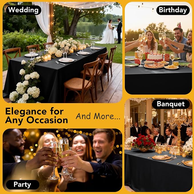 10-Pack Black Tablecloths for Rectangle Tables, 70 x 120 Inches, Stain-Resistant Polyester Fabric for 6 Foot Tables - Washable Table Covers for Weddings, Banquets, Birthday Parties, Events