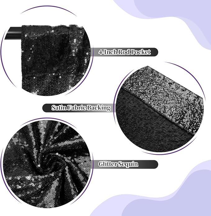 SquarePie 5x7ft Black Sequin Backdrop for Photography, Satin-Backed Real Sequin Curtain, Enhanced Coverage Shimmering Background with 4" Rod Pocket for Wedding, Birthday, Party Decor, 1 Panel