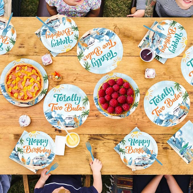 96Pcs Summer Surfing 2nd Birthday Party Decoration Totally Two Bular Plates and Napkins Vintage Surfing Birthday Tableware Set for Boys Summer Swimming Pool Hawaii Party Supplies, Serves 24
