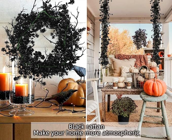 RECUTMS Black Artificial Flowers Black Eucalyptus Garlands Spring Garland Greenery Vines with Flowers Fake Floral Greenery for Halloween Home Backdrop Wall Fall Decor