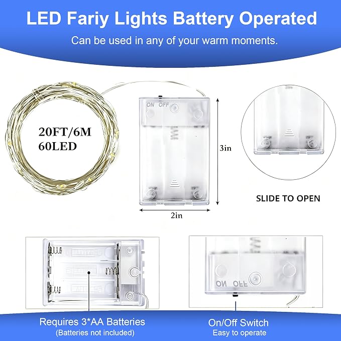 6 Pack LED Fairy Lights Battery Operated 20FT 60 LEDs Silver Wire String Lights Twinkle Lights Starry Fairy Lights for Bedroom Christmas Wedding Party Indoor Outdoor Decorations, Cool White
