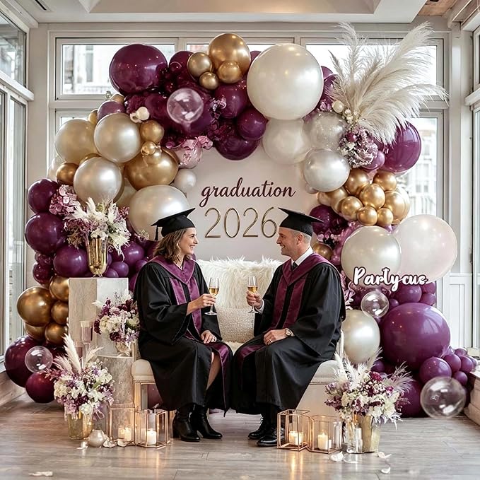 Dark Purple White Balloon Arch Kit, Double Stuffed Plum Mauve Burgundy Pearl White Sand Gold Balloon Garland with Clear Bobo Latex for Birthday Baby Shower Wedding Graduation Mothers Day Party Decor
