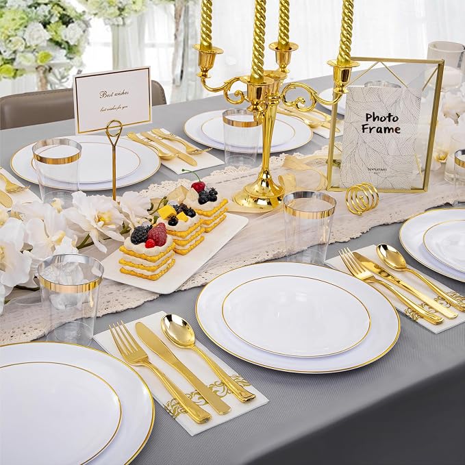 Supernal 350Pcs Elegant White and Gold Plastic Dinnerware Set for Wedding | Heavy duty disposable plates with gold plastic silverware, cups, and napkins. Premium tableware pack serves 50 guests.