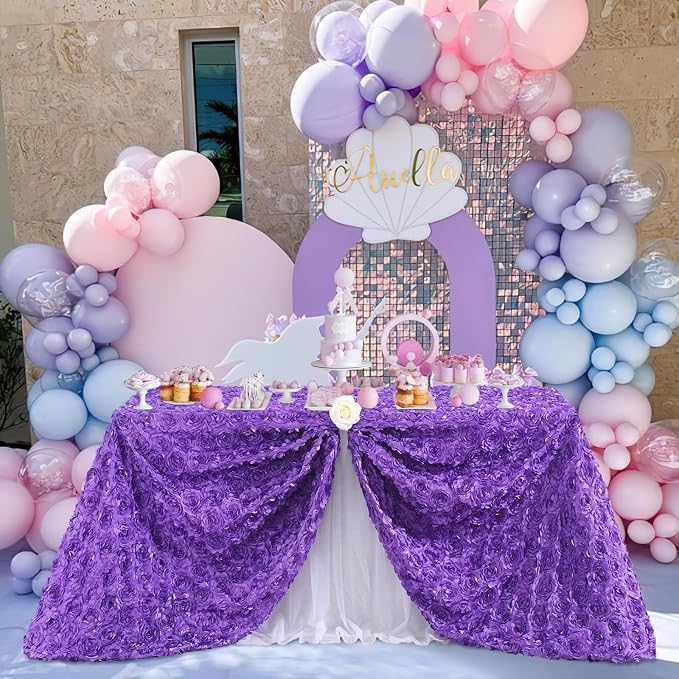 Fanqisi Purple Tablecloth 90x156 Inches Rosette Satin Tablecloth Birthday Party Table Cover Bridal Shower Table Decor Halloween Decorations