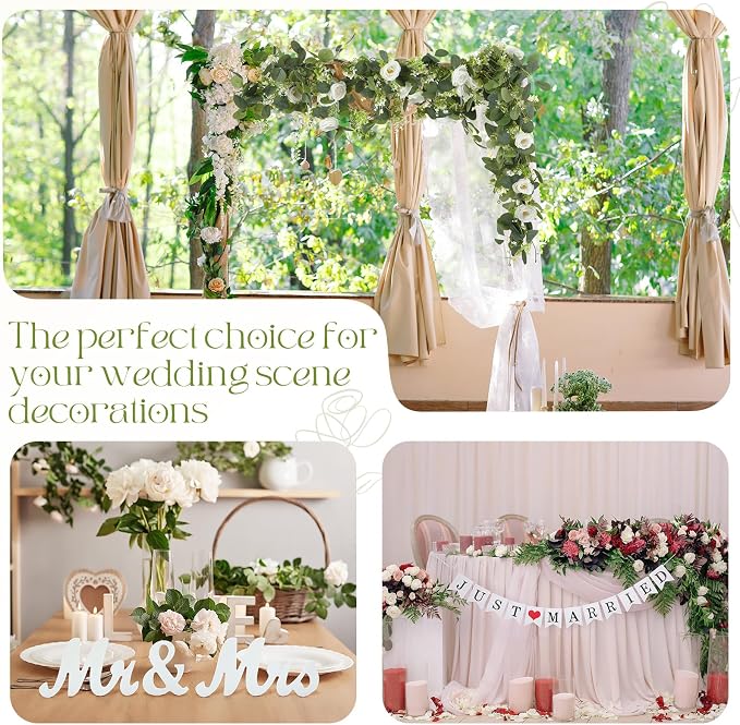 5 Pcs Just Married Decorations Kit, All-in-one Wedding Decor with White Tulle Backdrop with Lights, Mr and Mrs Sign, 2 Flower Garlands, Wedding Banner for Reception, Party (10 x 8ft)
