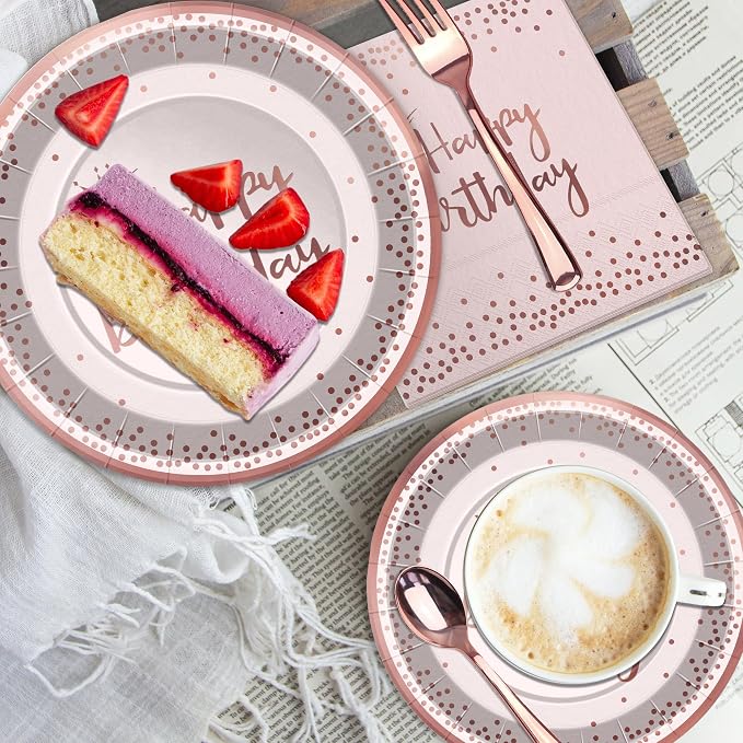 100 Pieces Pink Rose Gold Birthday Decorations Supplies Rose Gold Dessert Plates Napkins Cups for Women Birthday Disposable Party Favors