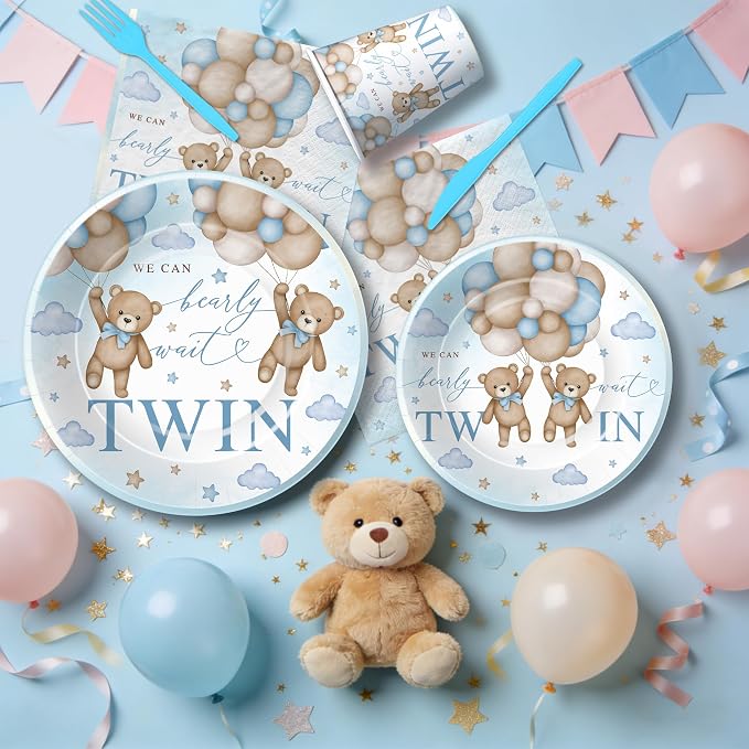 Twin Baby Shower Decorations Tableware, Teddy Bear Theme We Can Bearly Wait Party Supplies, Disposable Paper Dinner Plate, Dessert Plate, Cup, Napkin, Cutlery, Serves 24, Blue and Tan