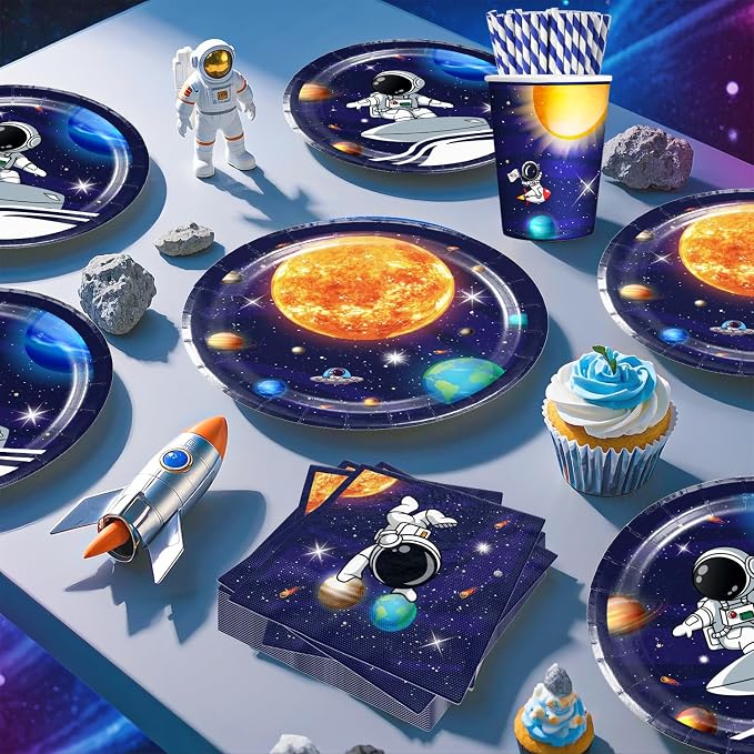 296PCS Space Birthday Decorations, All-in-1 Party Pack, 25 Serves Disposable Tableware Set, Includes Balloon Boxes, Backdrop Tablecloth for Outer Astronaut Birthday Decorations