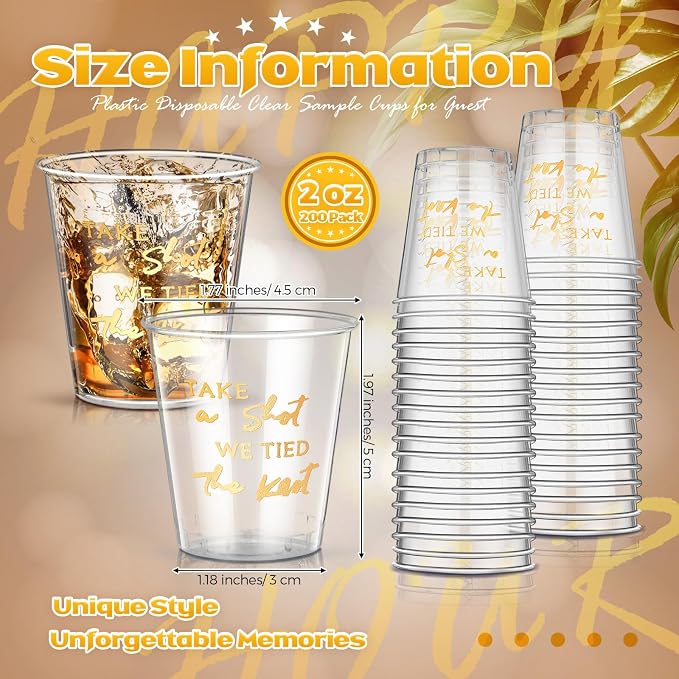 Domensi 200 Pieces Plastic Shot Clear Glasses 2 oz Take a Shot We Tied The Knot Disposable Mini Glasses Bulk Wedding Favors Cup for Weddings, Bridal Showers, Engagement Parties(Gold)