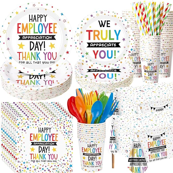 LemonRoad 452 Pcs Employee Appreciation Decoration for 50, Employee Teacher Appreciation Paper Plates Napkins Cups Tablecloth Set for Administrative Professional Day Thank You Staff Nurse Party Supply
