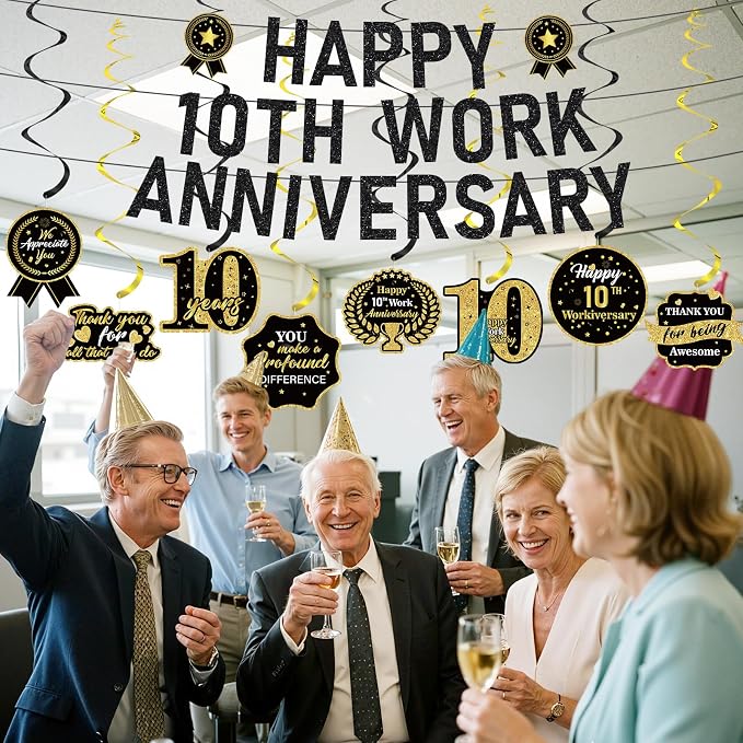 11pcs 10 Year Work Anniversary Decorations Black Gold Happy 10th Work Anniversary Banner Hanging Swirls Employee Appreciation Decorations Supplies 10 Year Workiversary Gifts for Employee Worker