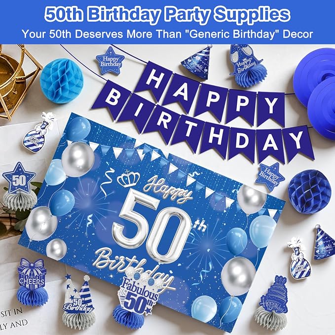 Happy 50th Birthday Party Decoration: Including Birthday Banner Backdrop, Party Table Centerpieces and Hanging Swirl Party Streamers, Birthday Decor for Men and Women (Blue, 50th Birthday)