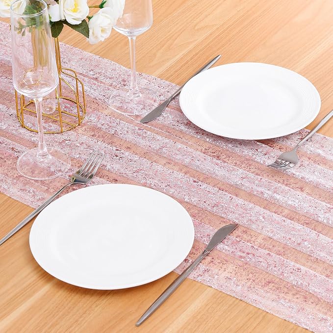 BINBE 3PCS Rose Table Runner 10Ft Sheer Chiffon Fabric Cheesecloth Sequin Glitter Table Runner for Wedding Birthday Party Decor
