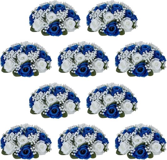 NUPTIO Babys Breath Artificial Flowers: 10 Pcs 8.6 inch Diameter Royal Blue Fake Rose Ball Arrangement Bouquet Centerpiece for Wedding Tables Event Party Decor