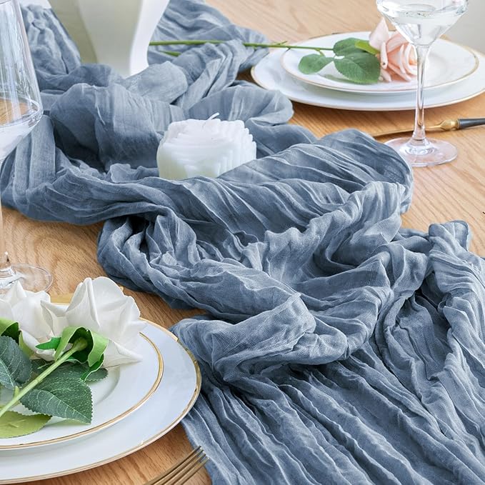 4PCS Table Runner Cheesecloth 10FT Dusty Blue Boho Gauze Cheese Cloth Rustic Sheer Table Runners for Wedding Bridal Baby Shower Party Decoration