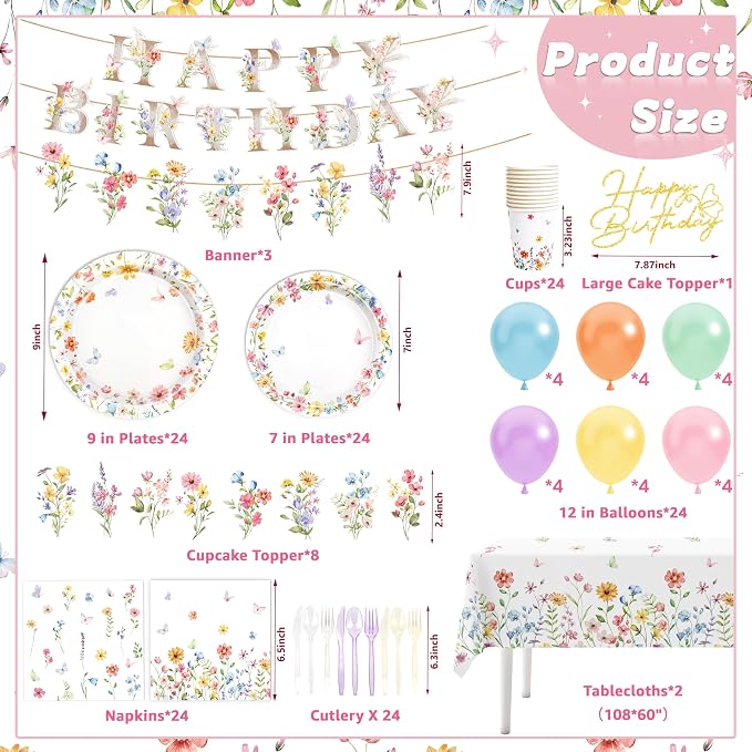 BORAMDO 206 PCS Wildflower Birthday Party Decoration, Spring Floral Baby Shower Decor with Plates Napkins Cups Cutlery Tablecloths Cake Toppers Banner Balloons for Flower Garden Party Supplies(White)