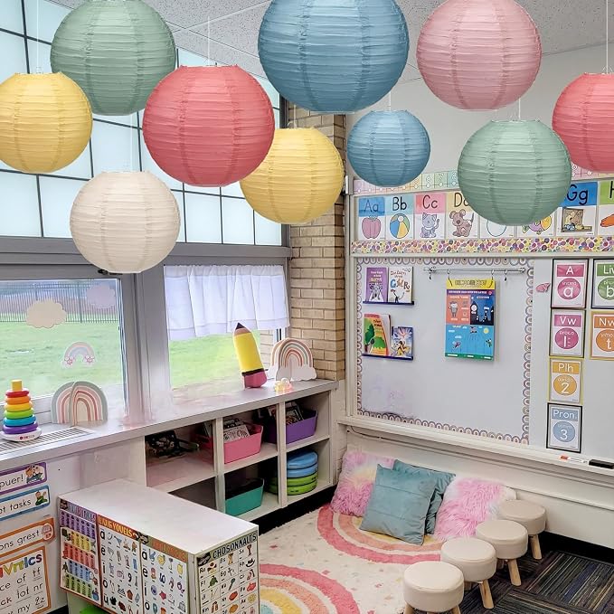 Retisee 12 Pcs 10 Inch Hanging Paper Lanterns Party Decorations Pastel Spring Classroom Decor for Birthday Back to School Party Decoration for Classrooms Wedding Birthday Ceilings
