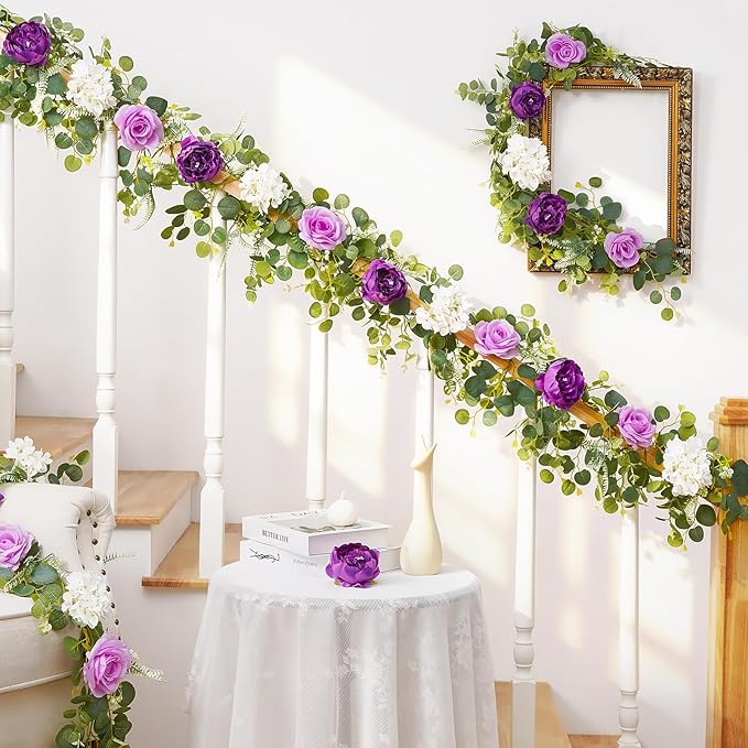 Livole 2Pcs 6 FT Artificial Flower Garland Fake Purple Rose Peony Floral Garland with Eucalyptus Flower Hanging Vine for Wedding Arch Table Centerpieces Backdrop Party Home Decorations