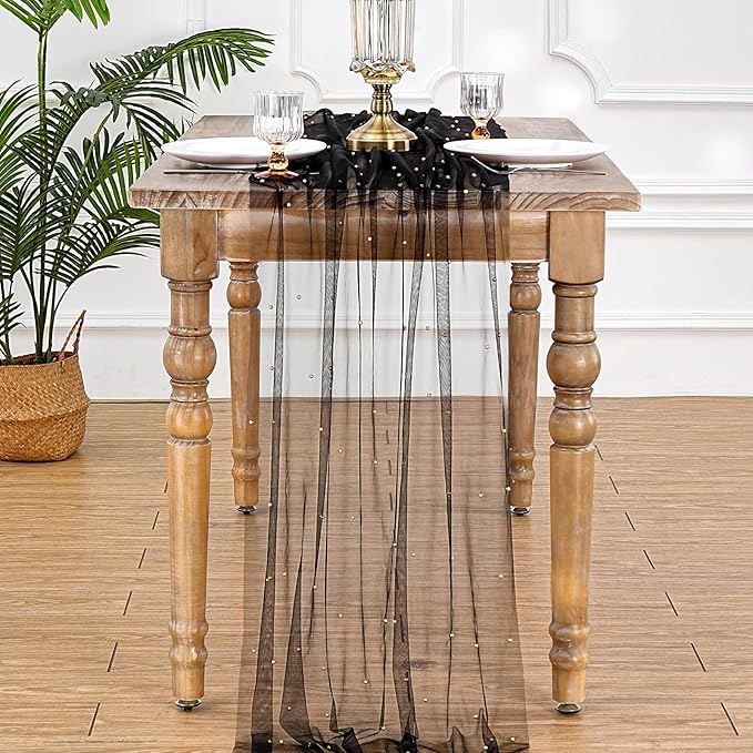 Pearl Gauze Tulle Table Runner: Black 120 Inch 10FT Seasonal Sheer Dining Holiday Wedding Birthday Baby Shower Table Decor for Home Party Indoor Outdoor