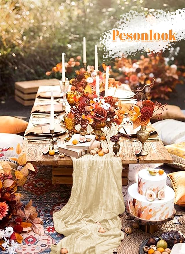 12 Pack Cheesecloth Table Runner,Ivory Table Runner Long Romantic Semi Sheer Rustic Boho Gauze Table Runners for Wedding Bridal Shower Birthday Party Decorations(17.7×108 Inch)