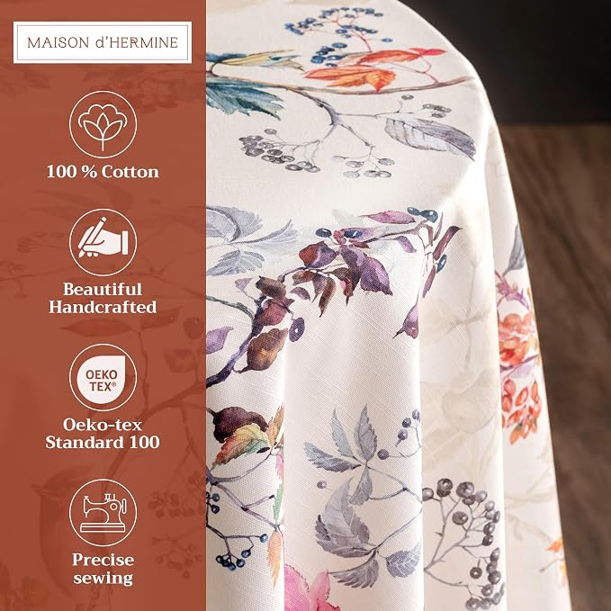 Maison d' Hermine Table Cloth Round Table 100% Cotton 69 Inches Fall Tablecloth Reusable Everyday Use for Thanksgiving Christmas Decorations Dining Farmhouse Party (Equinoxe - Beige)