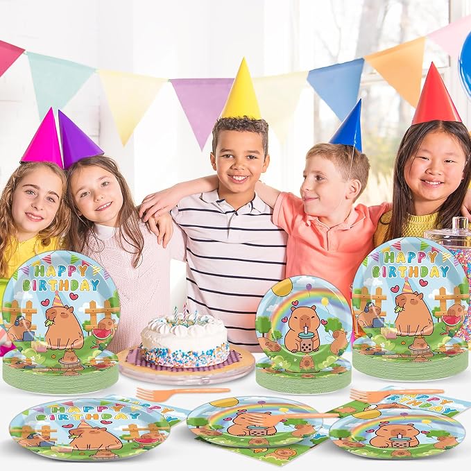 96PCS Capy Themed Bara Birthday Party Supplies Cute Cartoon Capy Paper Plates and Napkins Kapybara Themed Disposable Tableware Animal Dinnerware Decorations Set for Kids Birthday Baby Shower Serves24