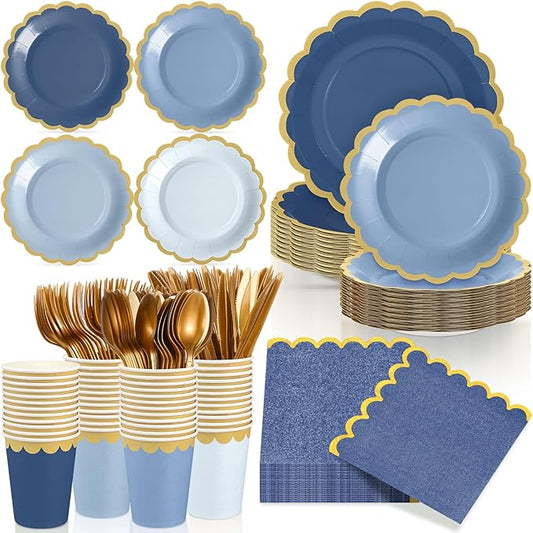 Mimorou 169 Pcs Dusty Blue Plates and Napkins Party Supplies for Guests Blue Tableware Include Scalloped Plates Paper Napkin Cup Spoon Fork Knife for Baby Shower, Wedding, Birthday