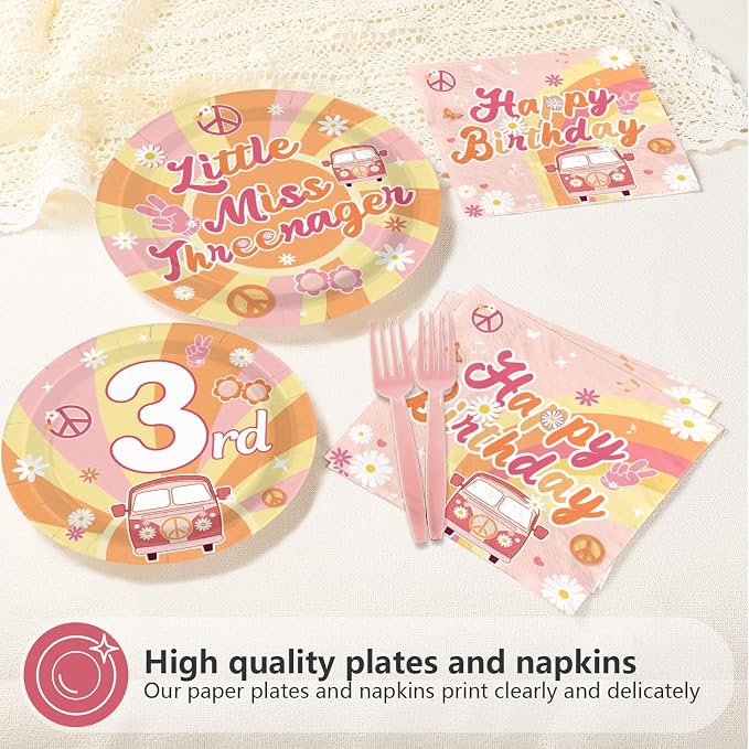 96Pcs Groovy 3rd Birthday Party Decorations Hippie Boho Plates and Napkins Disposable Little Miss Threenager Tableware Sets for Girls 3 Year Old Birthday Hippie Boho Party Supplies, Serve 24