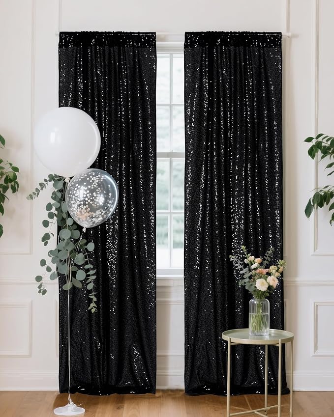 PartyDelight Black Sequin Backdrop Curtains 2x8ft 4 Panels | 3mm stitched sequin curtain with 4 inch rod pocket for 2x8ft 4 panel fuller wall coverage pleated backdrop and 8ft stand