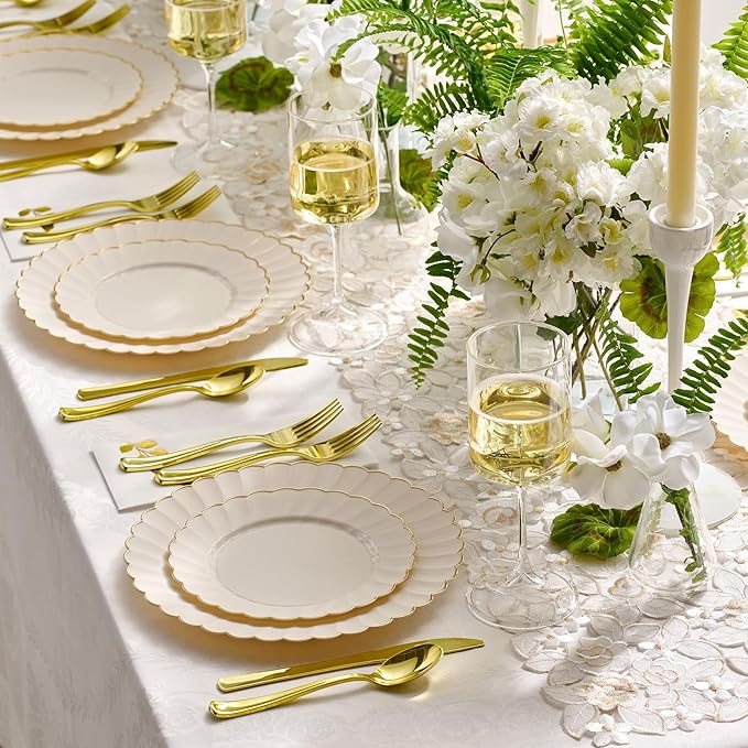 By Madee HEAVYWEIGHT 100 Pc Scalloped Ivory & Gold Plastic Plates for Party | 50 Dinner & 50 Dessert Nice Disposable Heavy Duty Plates | Elegant & Fancy | Wedding, Baby Shower, Bridal Shower 50 Guests