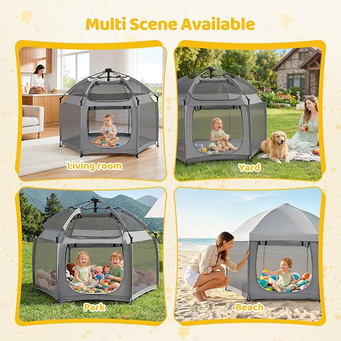 Dripex Pop Up Playpen w/t Built-in Pad & One-Click Safe Lock, Foldable Indoor/Outdoor Baby Playpen w/t Removable Canopy &Roll-Up Door & Top Mesh Window, Travel Pop and Go Beach Play Pen for Baby Grey