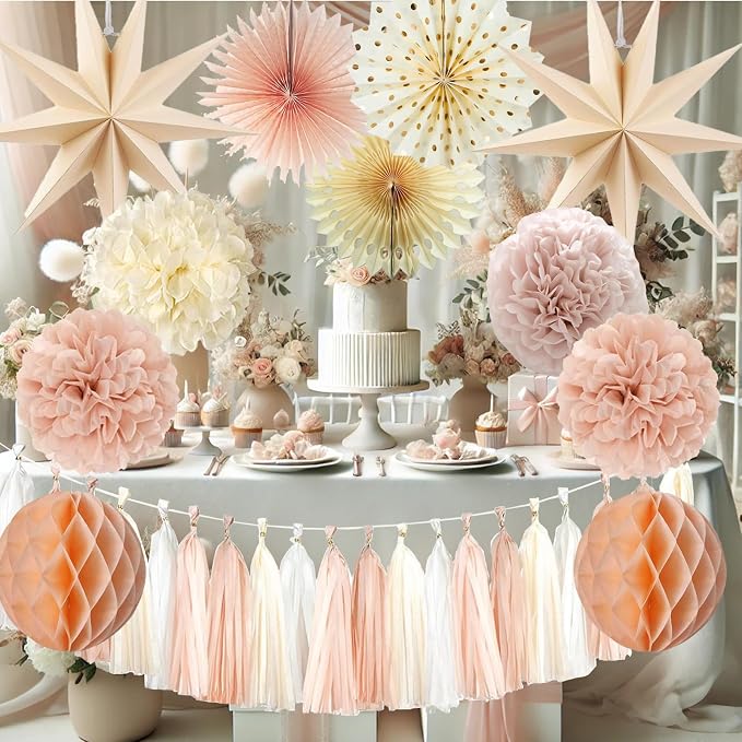 Champagne Beige Party Decoration,15PCS Champagne Boho Birthday Decorations for Women Men Girl Boy,Hanging Backdrop Decor for Engagement,Boho Wedding,Baby Shower,Bridal Shower,Garden Party