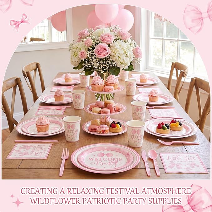 400 Pcs Pink Bows Baby Shower Party Decoration Girl for 50, a Sweet Little Girl Is on Her Way Plates Napkins Cups Cutlery for Welcome Baby Bow Coquette Birthday Party Supply