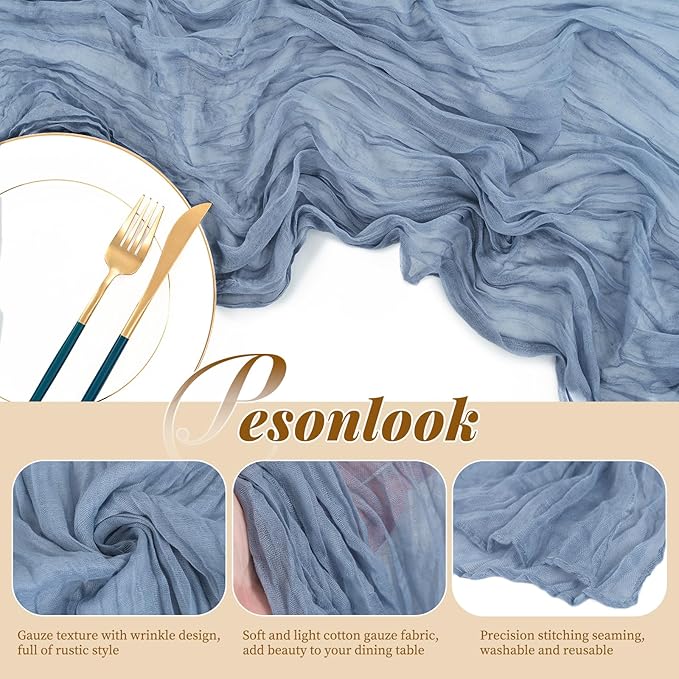24 Pack Dusty Blue Table Runner, 10FT Cheesecloth Table Runner Long Romantic Semi Sheer Rustic Boho Gauze Table Runners for Wedding Bridal Shower Birthday Party Decorations(21.5×120 Inch)