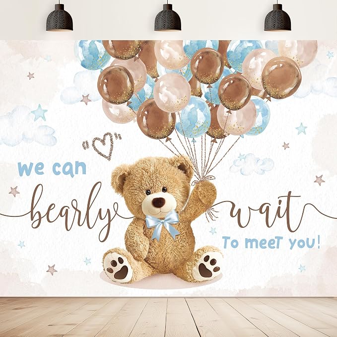 We Can Bearly Wait Backdrop 10Wx8H Feet Bear Baby Shower for Boys Cute Cartoon Brown Blue Balloons Clouds Gold Dots Vinyl Newborn Photography Backgrounds Photo Shoot Decor Props Decoration
