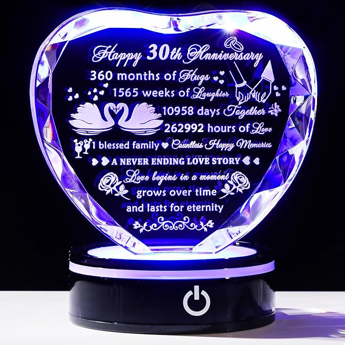 YWHL 30th Anniversary Crystal Heart Gifts for Couples Parents, Laser Engraved Romantic 30 Year Wedding Anniversary Crystal Keepsake Gifts for Wife Husband, 30 Years of Marriage Gift for Her Him