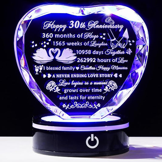 YWHL 30th Anniversary Crystal Heart Gifts for Couples Parents, Laser Engraved Romantic 30 Year Wedding Anniversary Crystal Keepsake Gifts for Wife Husband, 30 Years of Marriage Gift for Her Him