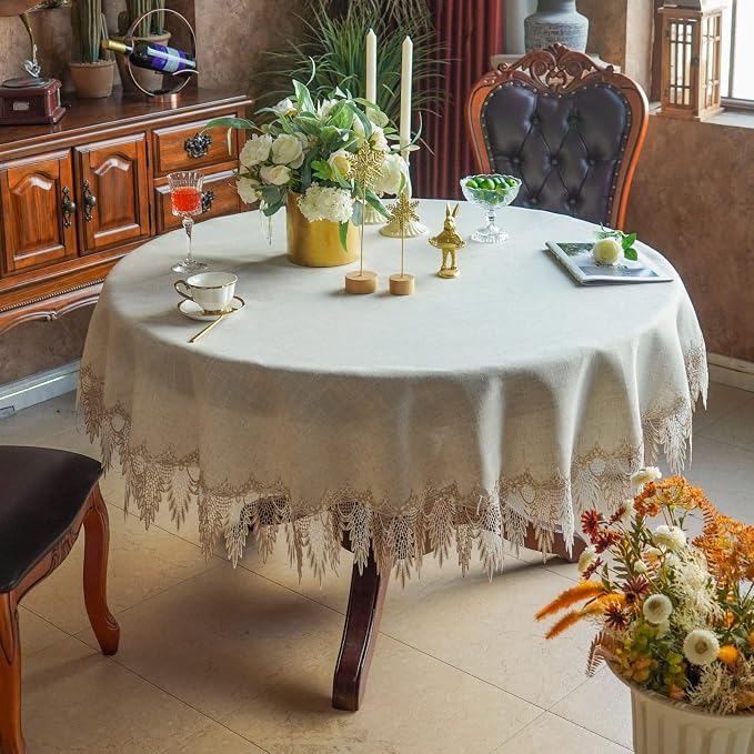 ARTABLE Lace Table Cloth Linen Grey Rustic Farmhouse Elegant Tablecloth Coffee Table Cover for Kitchen Home Dining (Stone Grey, 60 Inch Round)