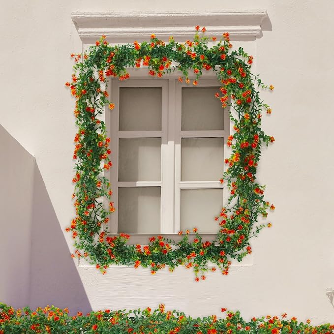 RECUTMS Faux Eucalyptus Garland Plant Fake Vines, Artificial Hanging Eucalyptus Leaves Greenery Vines Arch Kit Flower Green Garlands for Wedding Backdrop Wall Party Home Indoor Outdoor(Orange)