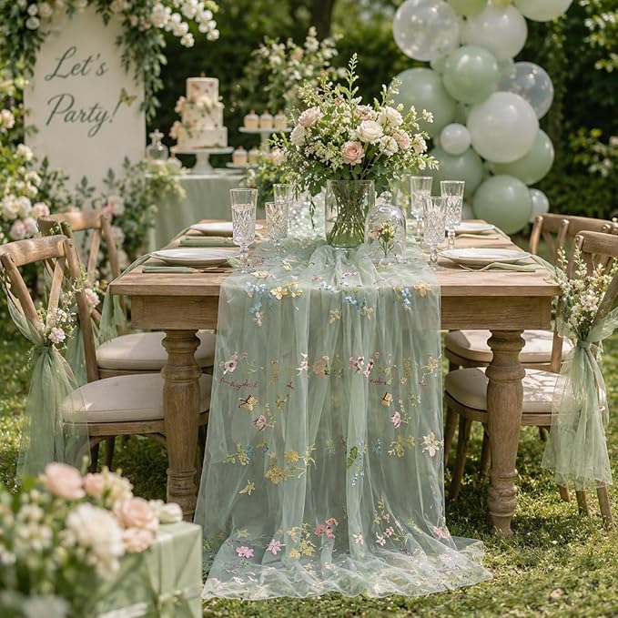 Mindsoft 3 Pack Embroidered Wildflower Tulle Table Runner 14 x 120 Inch Sage Green Floral Table Runner for Market Bridal Shower Wildflower Baby Shower Spring Summer Birthday Party Decor