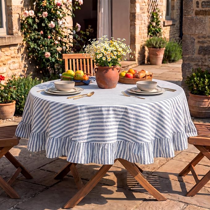 Boao Cotton 54 Inch Farmhouse Ruffle Tablecloth Blue White Striped Flounces Trim Table Cover for Round Table Kitchen Party Wedding Decor