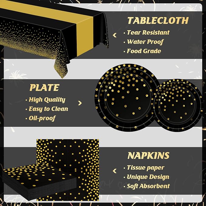 QZYL 122 Pcs Black and Gold Plates and Napkins, Black Plates Disposable for Party, Golden Birthday Tableware Serves 30, Gold Dots Retirement Party Supplies with Plate, Napkin, Fork and Tablecloth