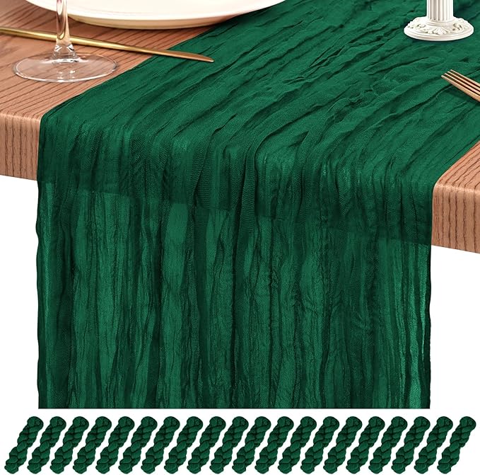 20 Pack Emerald Green Cheesecloth Table Runner 10FT Boho Gauze Cheese Cloth Table Runners Romantic Rustic Sheer Table Decorations for Wedding Party Baby Shower Birthday Holiday Home