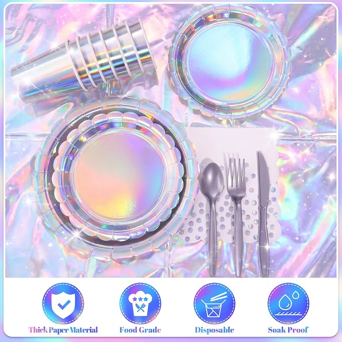 175 Pcs Iridescent Party Plates and Napkins, Iridescent Party Decorations Include Scalloped Holographic Paper Plates and Napkins Set for Birthday, Mermaid, Disco, Frozen