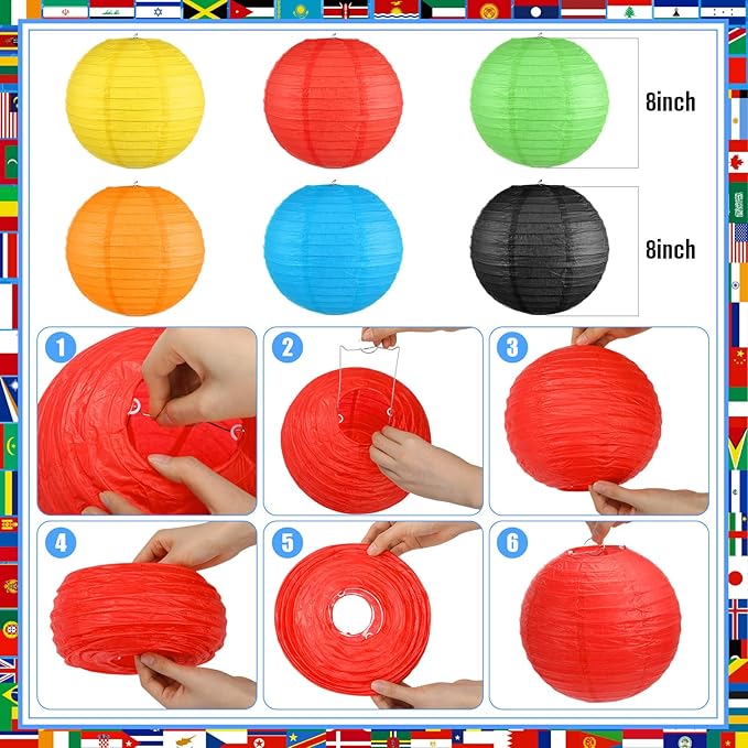 Outus International Flags Hanging Decorations Around The World Paper Fans Country World Flags Tissue Pom Poms Nations Paper Lanterns for Sports Event Back to School Classroom Ceiling Wall Decor