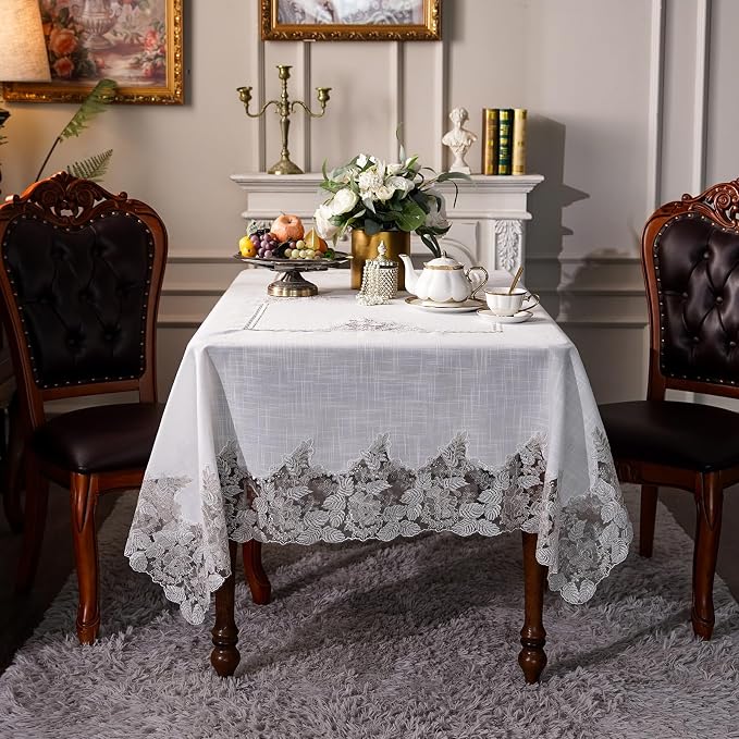 ARTABLE Lace Table Cloths Rectangle Fall Antique Flower Decor Macrame Tablecloth for Outdoor Farmhouse Rustic Kitchen Party Birthday Picnic (White-3, 52 x 70 Inch)