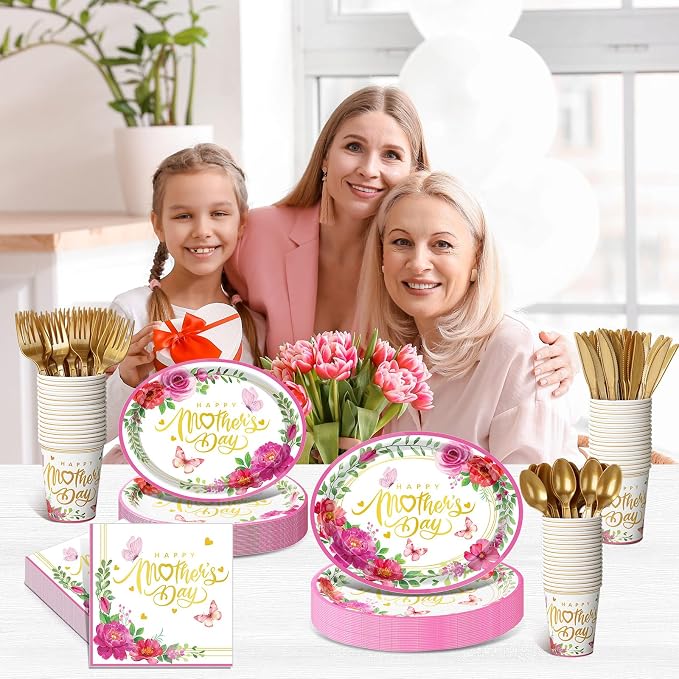 Pajean 350 Pcs Happy Mother's Day Party Decorations with 12 inch Disposable Oval Plates and Napkins Knives Flowers Design Heavy Duty Paper Tableware Set for 50 Guests Mother's Day Party Supplies