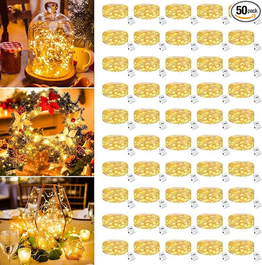 50 Pack Fairy Lights Battery Operated - 7ft 20 Led Small Twinkle lights 3 Modes, Bulk Mini String Lights Waterproof for Mason Jars Vases Crafts Party Wedding Mothers Day Decoration-Warm White