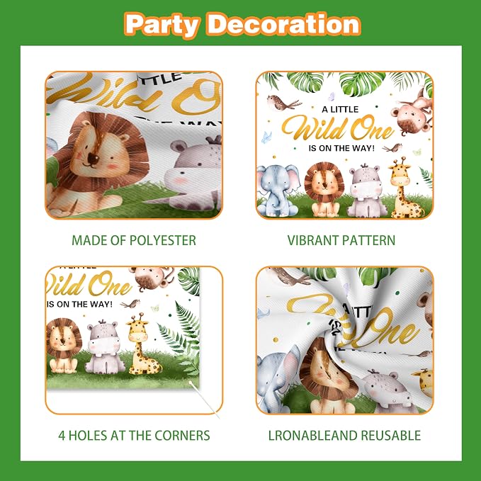Safari Baby Shower Decorations Boy - Jungle Theme Party Supplies Include Balloon Garland Arch, Wild One Backdrop, Tablecloth, 4 Printed Boxes, Monkey Giraffe Foil Balloons - Sage Green