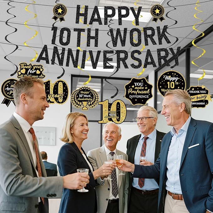 11pcs 10 Year Work Anniversary Decorations Black Gold Happy 10th Work Anniversary Banner Hanging Swirls Employee Appreciation Decorations Supplies 10 Year Workiversary Gifts for Employee Worker